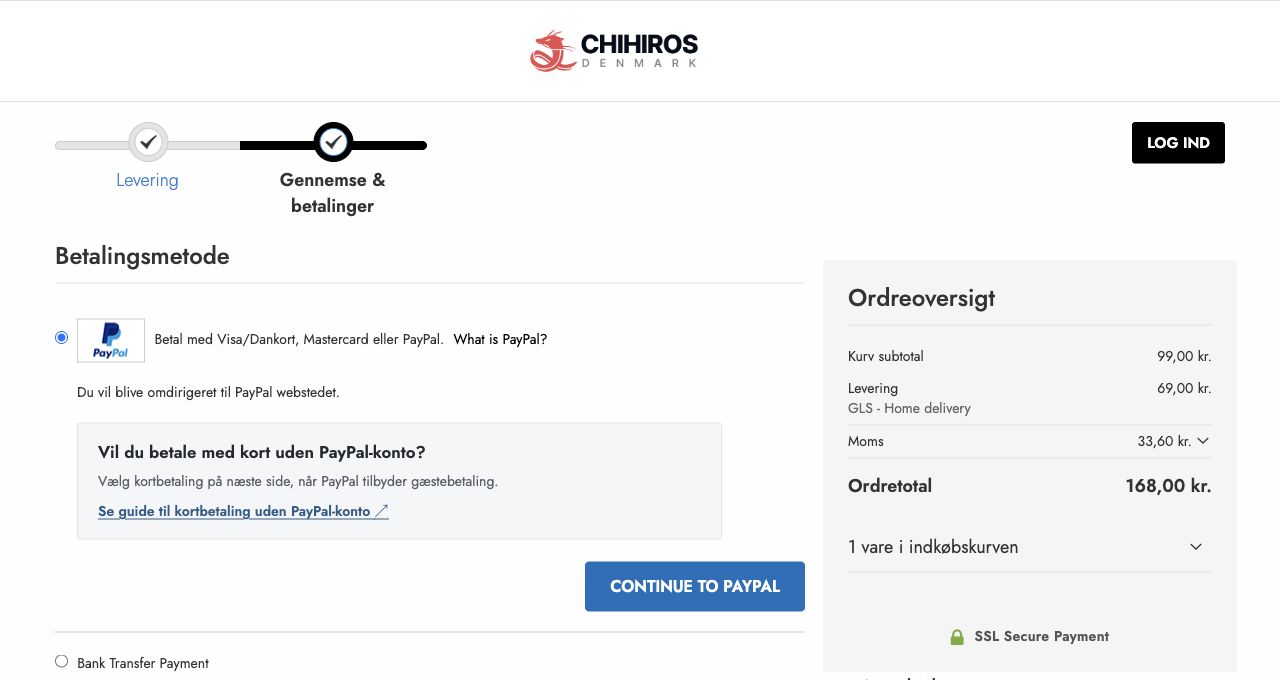 Betalingsmetoden Betal med Visa/Dankort, Mastercard eller PayPal og knappen CONTINUE TO PAYPAL i Chihiros.dk-kassen.