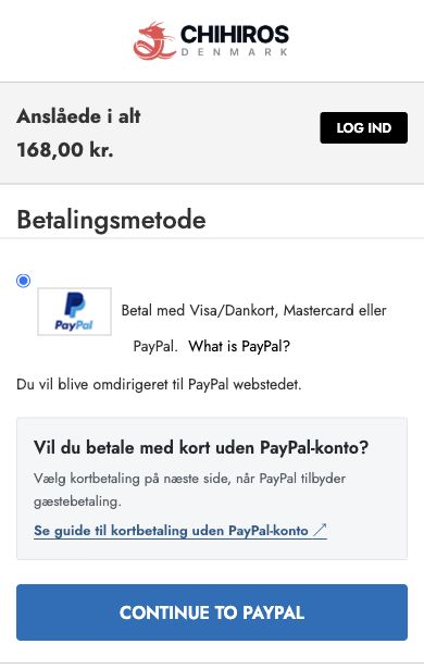 Betalingsmetoden Betal med Visa/Dankort, Mastercard eller PayPal og knappen CONTINUE TO PAYPAL i Chihiros.dk-kassen.