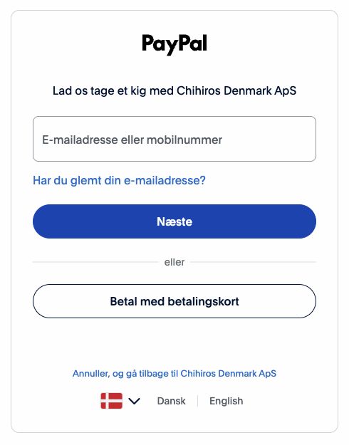 PayPals login-side med knappen Betal med betalingskort under login-felterne.