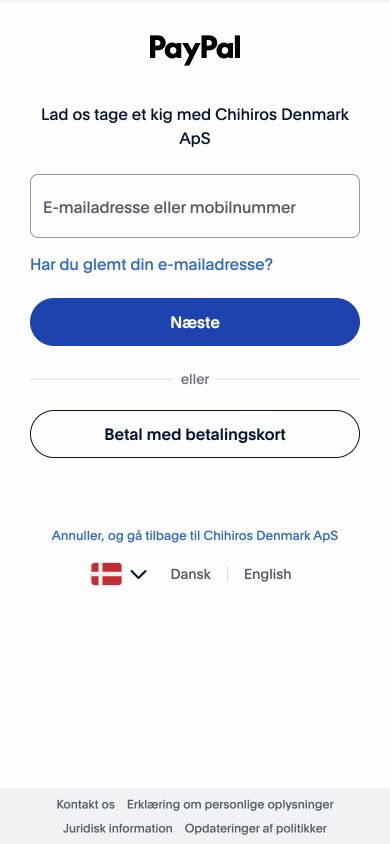 PayPals login-side med knappen Betal med betalingskort under login-felterne.