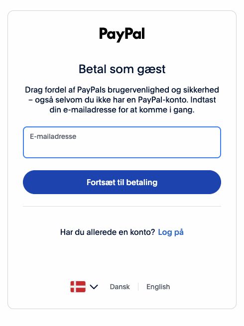 PayPals side Betal som gæst med e-mailfelt og knappen Fortsæt til betaling.