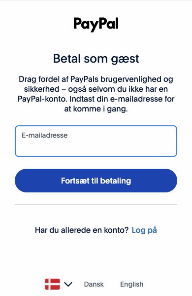 PayPals side Betal som gæst med e-mailfelt og knappen Fortsæt til betaling.