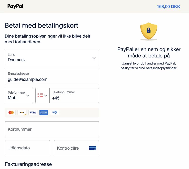 PayPals kortformular med telefonnummer, kortnummer, udløbsdato, kontrolcifre og faktureringsadresse. Ingen kortoplysninger er udfyldt.
