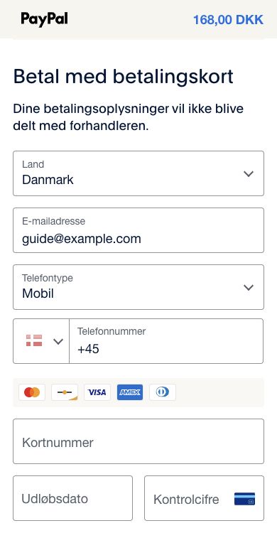PayPals kortformular med telefonnummer, kortnummer, udløbsdato, kontrolcifre og faktureringsadresse. Ingen kortoplysninger er udfyldt.