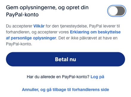 PayPals kontakt Gem oplysningerne, og opret din PayPal-konto er slået fra. Siden siger, at konto ikke er påkrævet, og viser Betal nu.