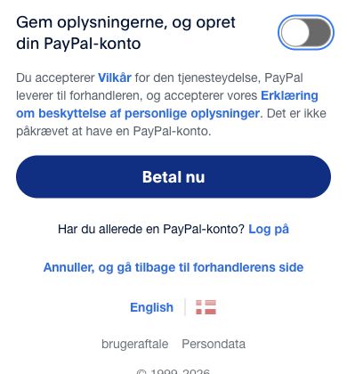 PayPals kontakt Gem oplysningerne, og opret din PayPal-konto er slået fra. Siden siger, at konto ikke er påkrævet, og viser Betal nu.